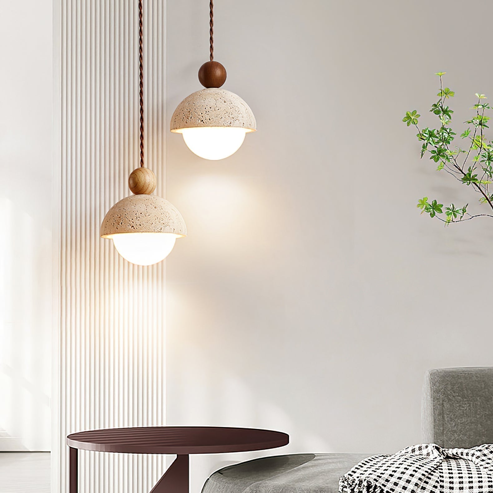 Lyra Travertine Dome Glass Pendant Light With Warm Wood | Lersk