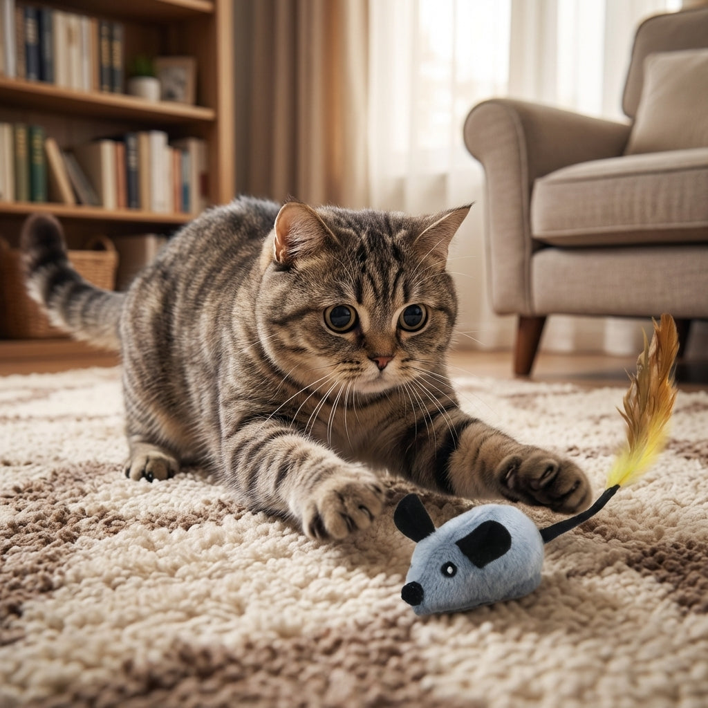 Plush Mouse Cat Toy With Feather Tail Battery Operated Grey And Orange | Lersk