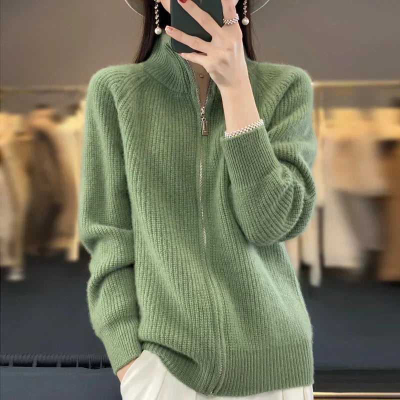 NovaWeave 100% Pure Wool Zip Cardigan Sweater for Women