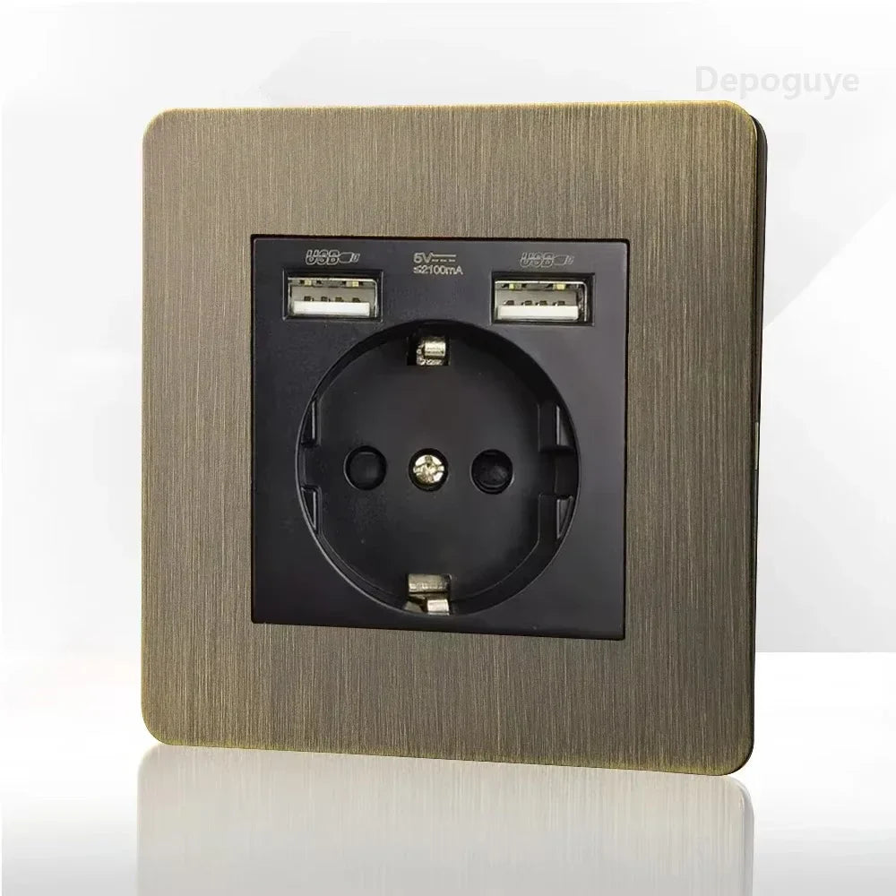 מתג קיר מתכתי רטרו עם שקע ויציאת טעינת USB | Lersk