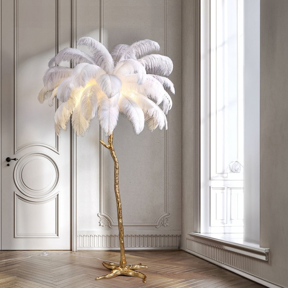 Lampada da terra LED AstraLoom con piume di struzzo, altezza regolabile e luce soffusa | Lersk