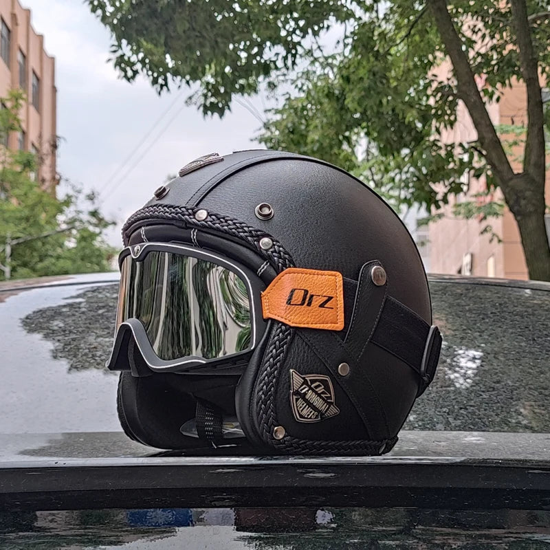 Retro 3/4 åbent motorcykelhjelm – PU-læder & DOT-certificeret | Lersk