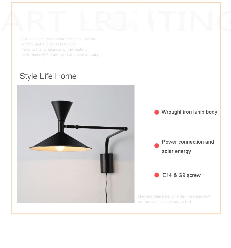 Lampada da parete NovaSwing con braccio oscillante e spina per decorazione camera da letto | Lersk