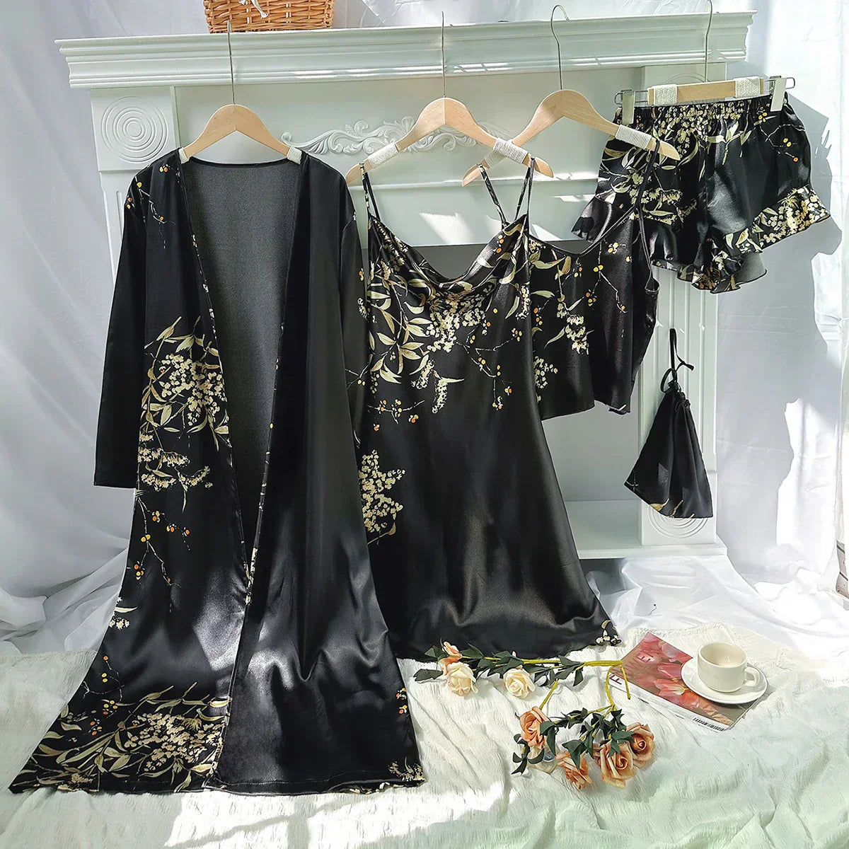 Seraya Luxury Satin Pajama Set 5 Piece For Women Robe Nightgown | Lersk