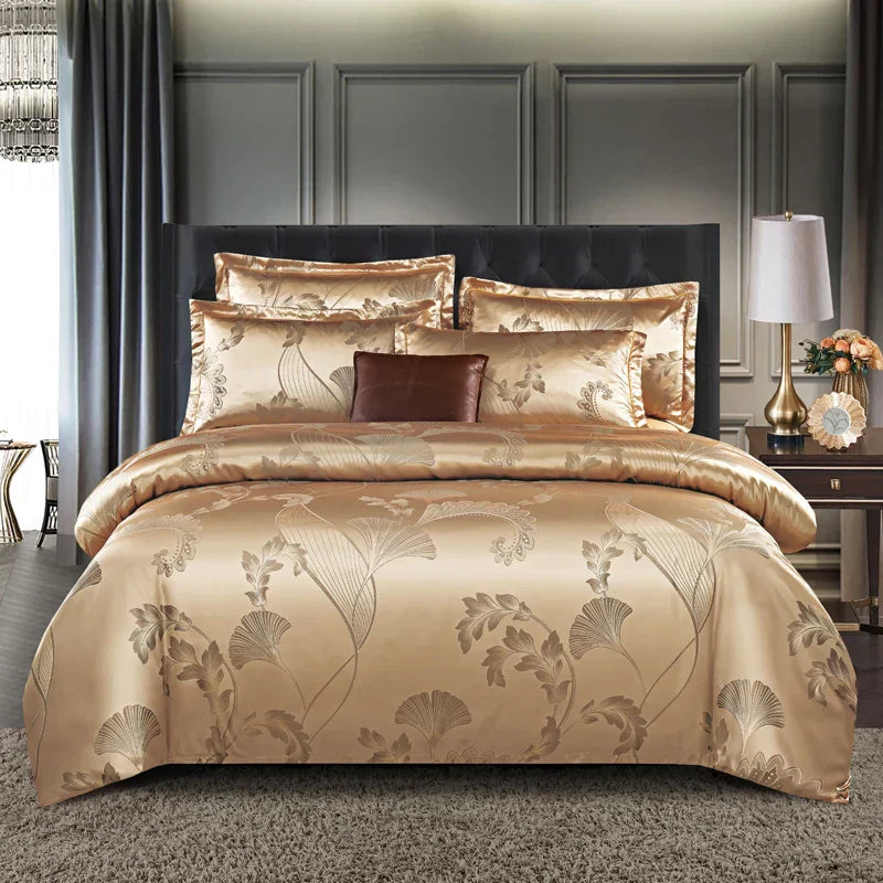 Aurelume Satin Jacquard Dynebetræk Sæt i Guld og Blå 264 x 229 cm | Lersk