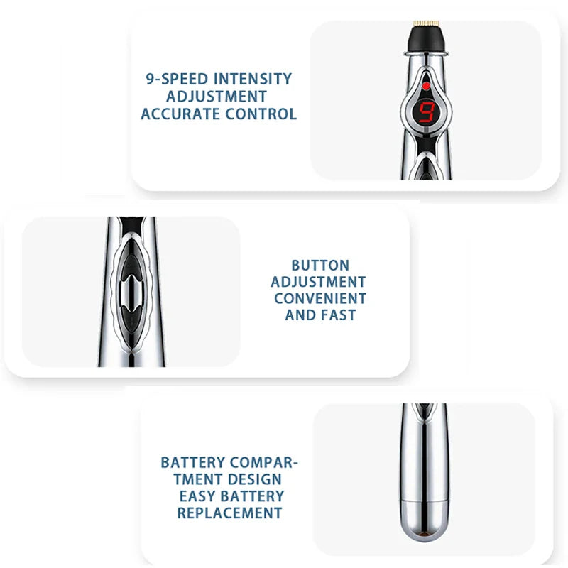 Electronic Acupuncture Pen with 9 Intensity Levels and 3 Massage Heads | Lersk