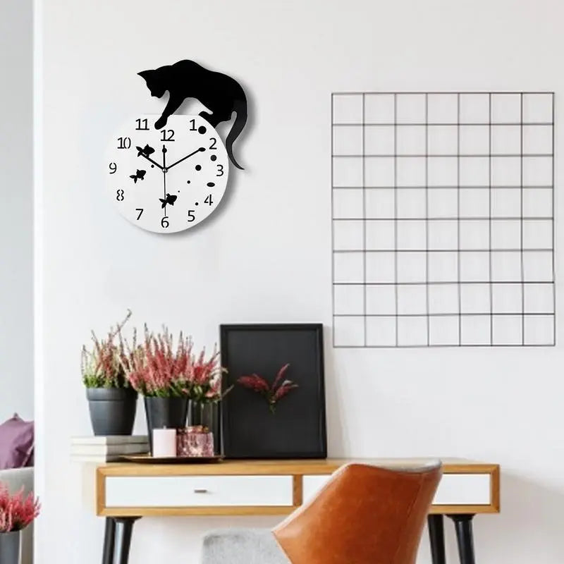 WhiskerGlow Round Wall Clock with Cat Motif for Home Decor | Lersk