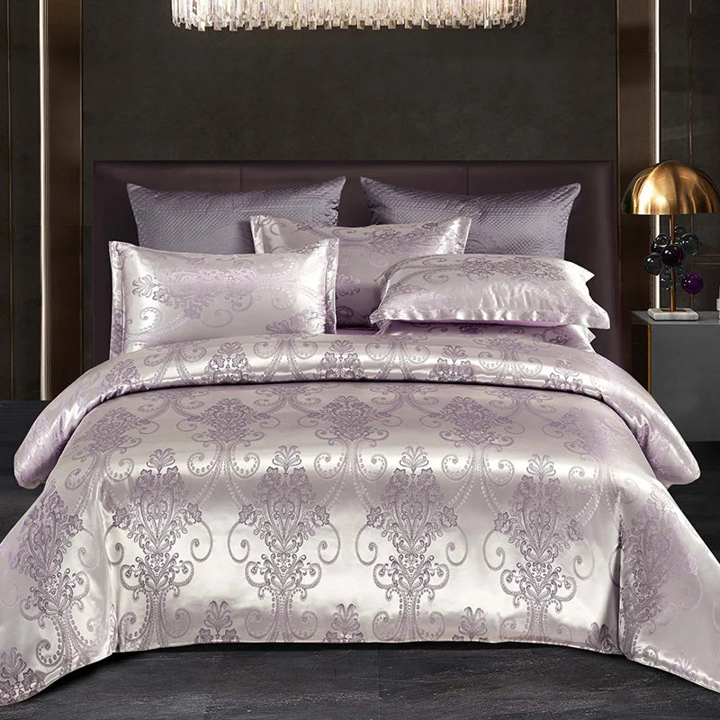 Aurelume Satin Jacquard Dynebetræk Sæt i Guld og Blå 264 x 229 cm | Lersk