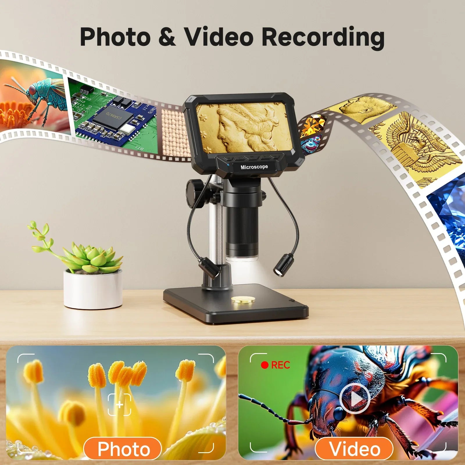 Digital Microscope with 4.3 Inch Screen 1080P 1600X Magnification and 8 LED Lights for Coins PCB and Plants | Lersk