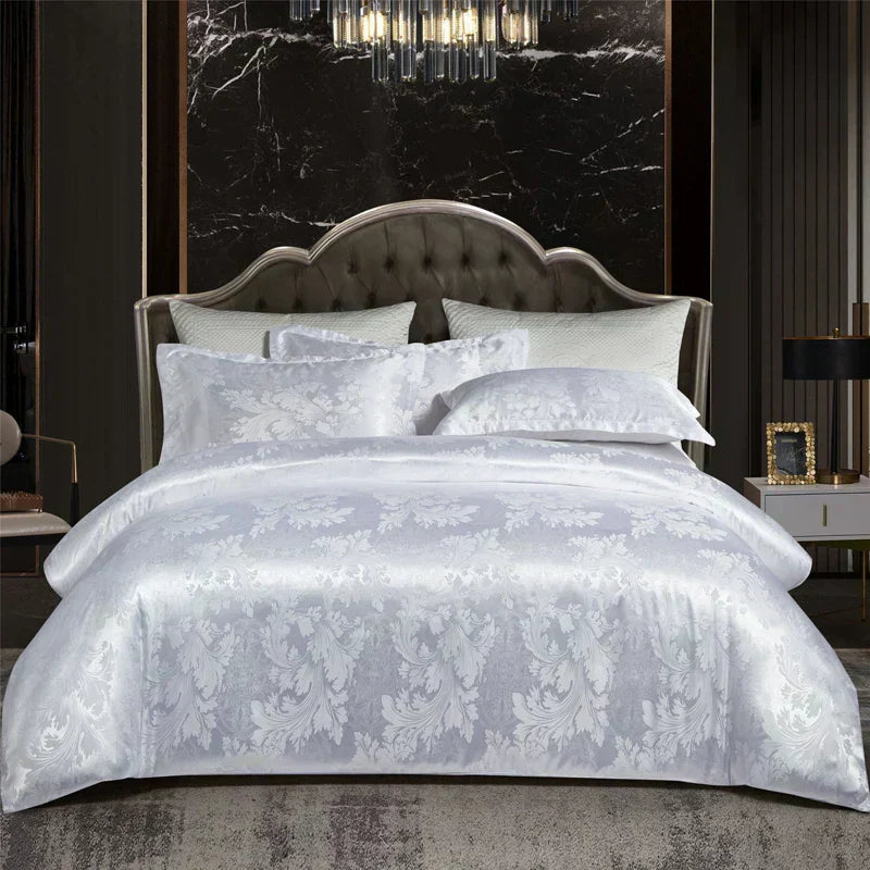 Aurelume Satin Jacquard Dynebetræk Sæt i Guld og Blå 264 x 229 cm | Lersk