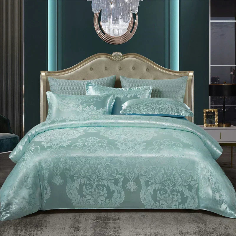 Aurelume Satin Jacquard Dynebetræk Sæt i Guld og Blå 264 x 229 cm | Lersk