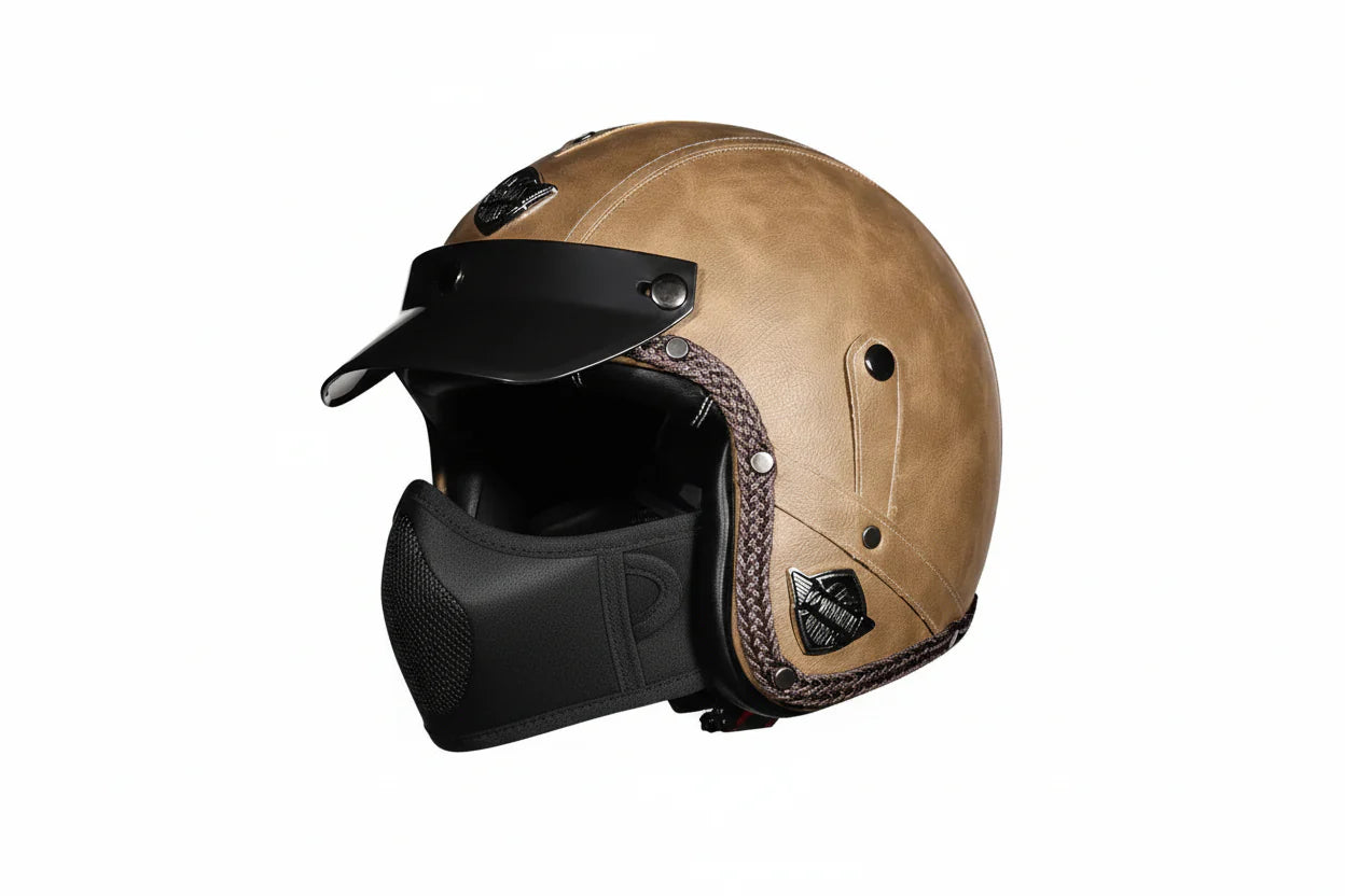 Retro 3/4 åbent motorcykelhjelm – PU-læder & DOT-certificeret | Lersk