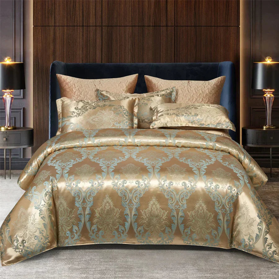 Aurelume Satin Jacquard Dynebetræk Sæt i Guld og Blå 264 x 229 cm | Lersk
