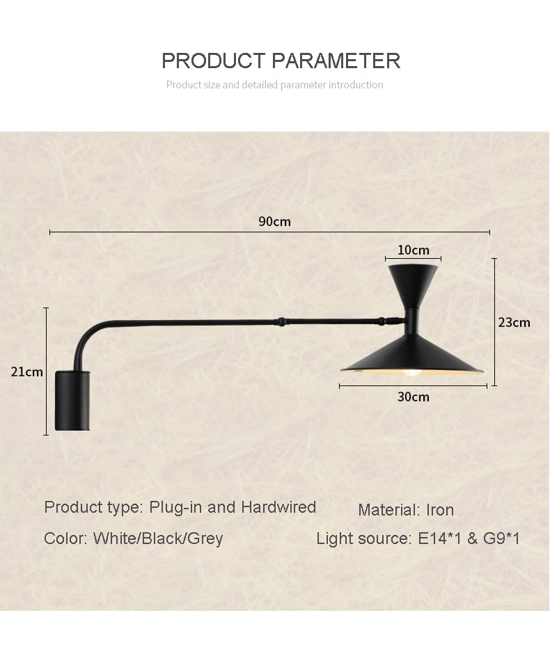 Lampada da parete NovaSwing con braccio oscillante e spina per decorazione camera da letto | Lersk