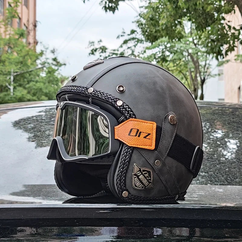 Retro 3/4 åbent motorcykelhjelm – PU-læder & DOT-certificeret | Lersk