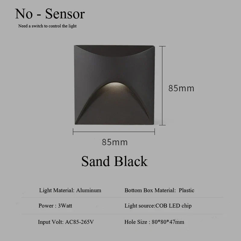 Moderní vodotěsná LED vestavná nástěnná lampa IP65 pro venkovní osvětlení, 3W zabudované světlo na schody, schodiště a balkon | Lersk