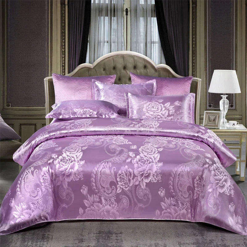 Aurelume Satin Jacquard Dynebetræk Sæt i Guld og Blå 264 x 229 cm | Lersk
