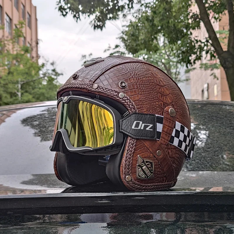 Retro 3/4 åbent motorcykelhjelm – PU-læder & DOT-certificeret | Lersk
