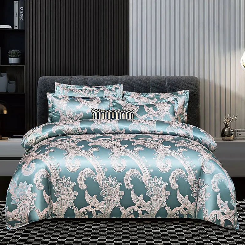 Aurelume Satin Jacquard Dynebetræk Sæt i Guld og Blå 264 x 229 cm | Lersk