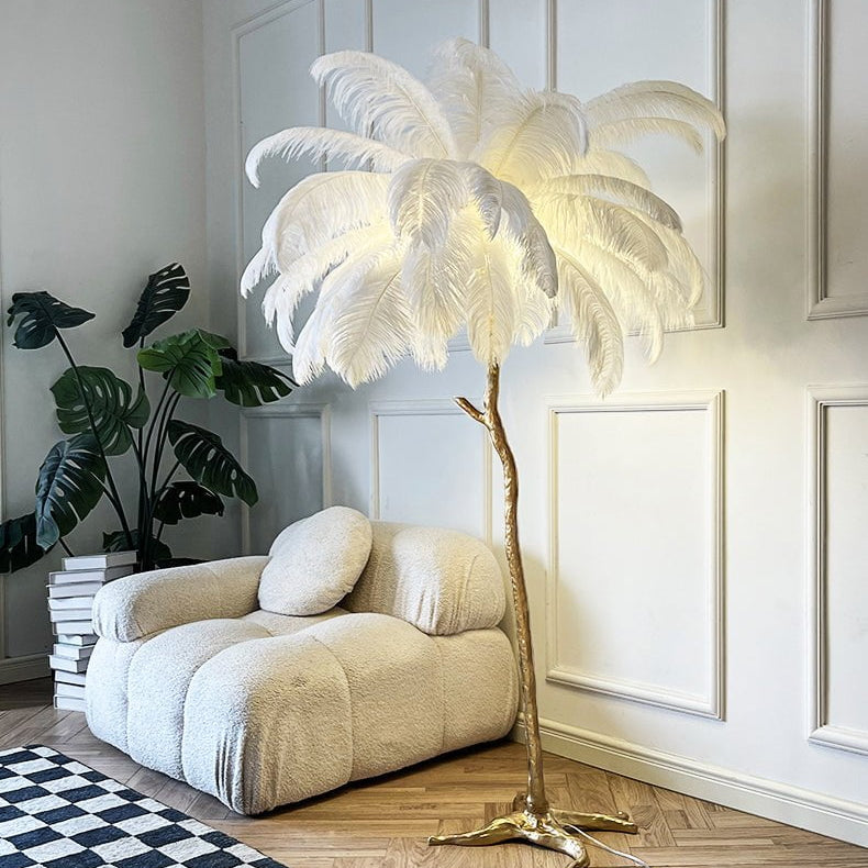 Lampada da terra LED AstraLoom con piume di struzzo, altezza regolabile e luce soffusa | Lersk