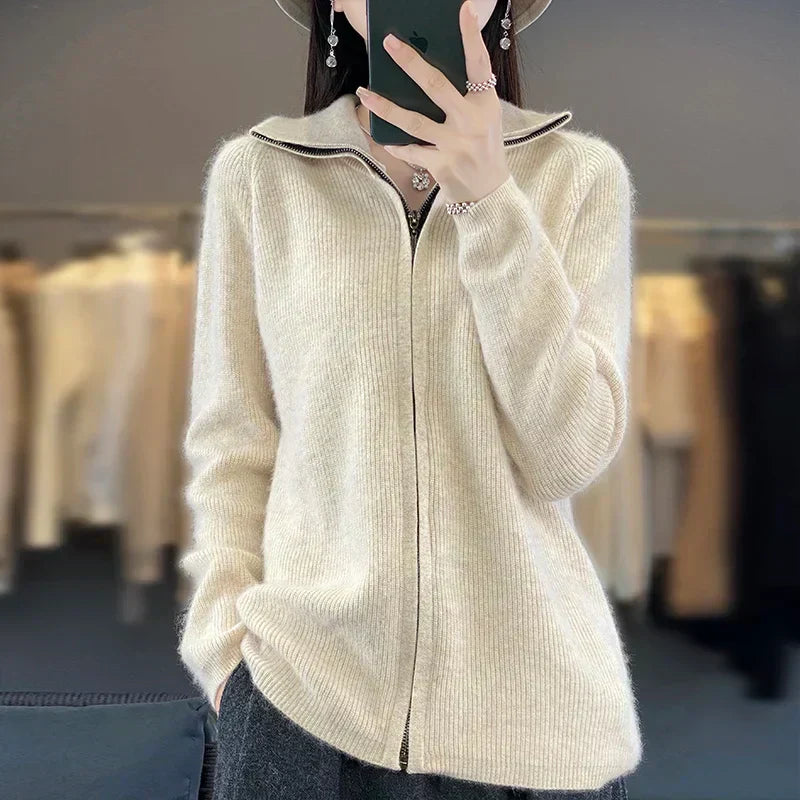 Lyra 100% Cashmere Zip Cardigan | Loose Korean Knit | Lersk