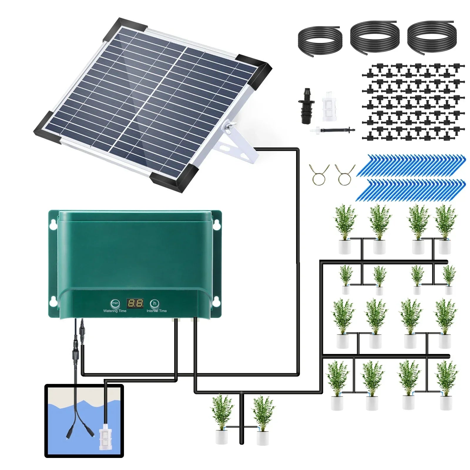 AquaFlow Solar Drip Irrigation System Kit For Automatic Watering With 30 Modes And 7 Timers | Lersk