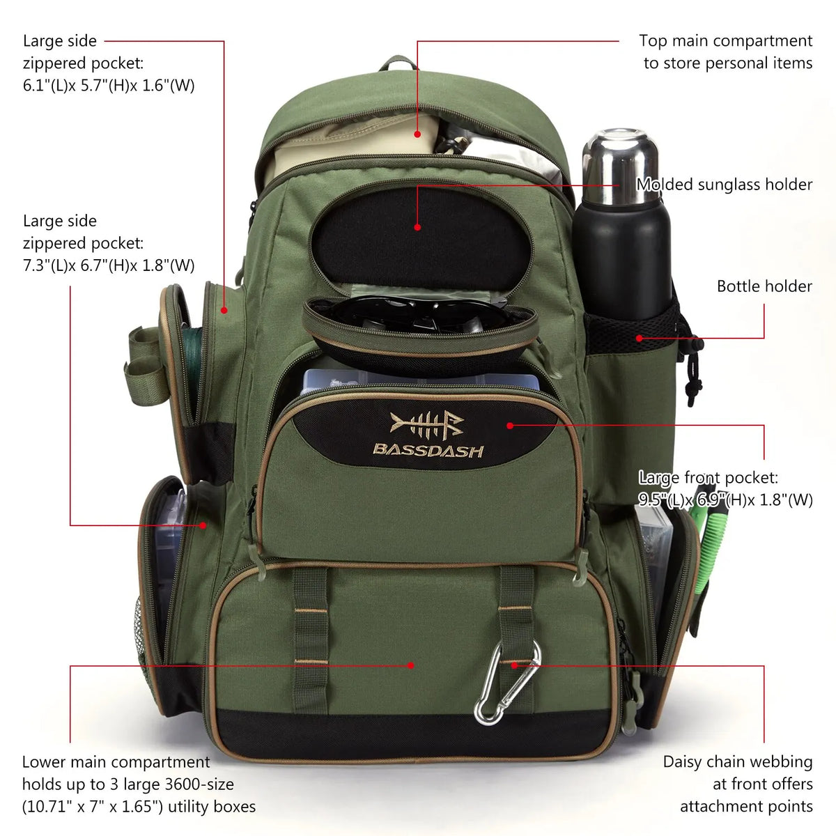 Bassdash Lightweight Tactical Fishing Tackle Backpack – Multifunctional 600D Polyester Gear Bag with Rod Holder & Rain Cover
