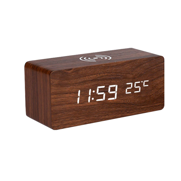 Wooden LED Alarm Clock With Wireless Charger And Thermometer | Lersk