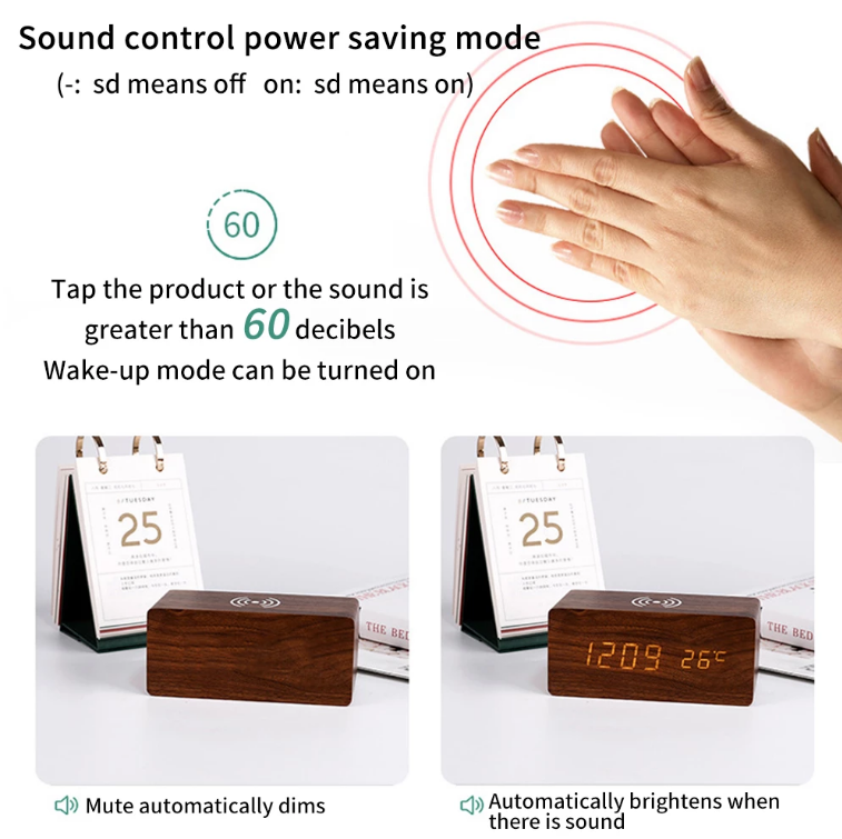 Wooden LED Alarm Clock With Wireless Charger And Thermometer | Lersk