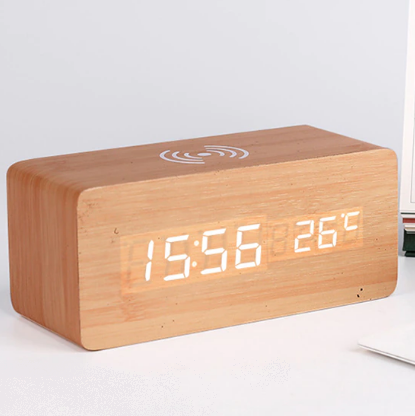 Wooden LED Alarm Clock With Wireless Charger And Thermometer | Lersk