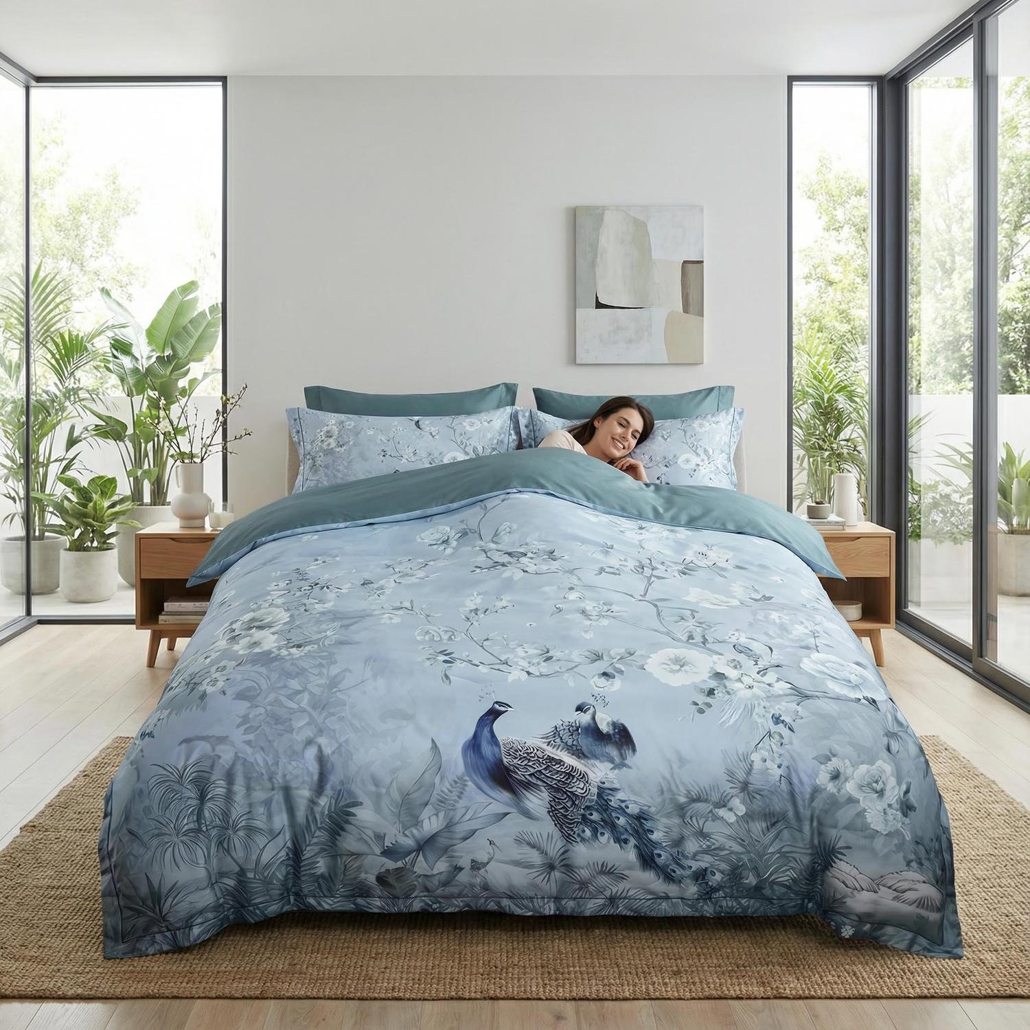 Tranquil Peacock Bedding Set With Icy Blue Base And Floral Accents | Lersk