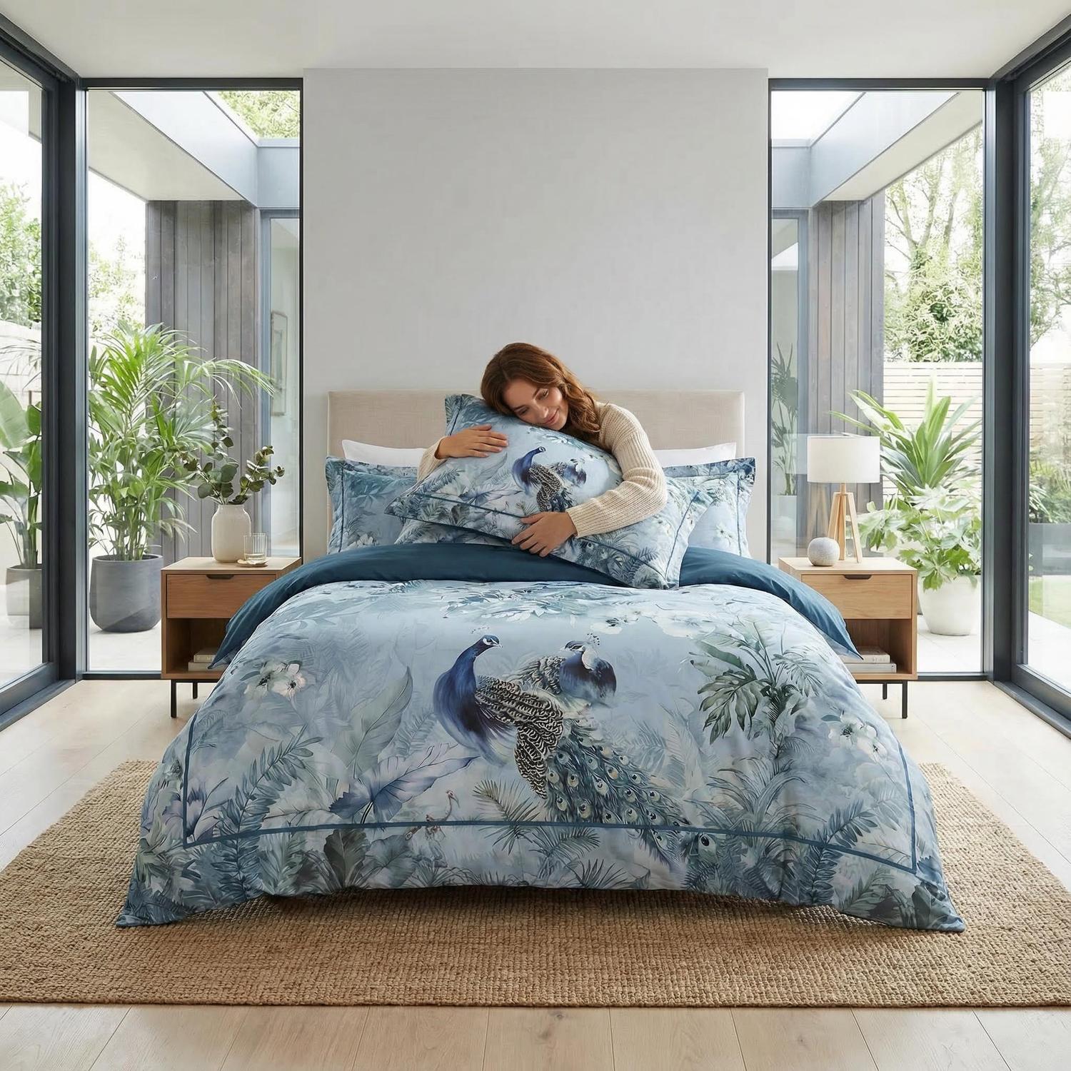 Tranquil Peacock Bedding Set With Icy Blue Base And Floral Accents | Lersk