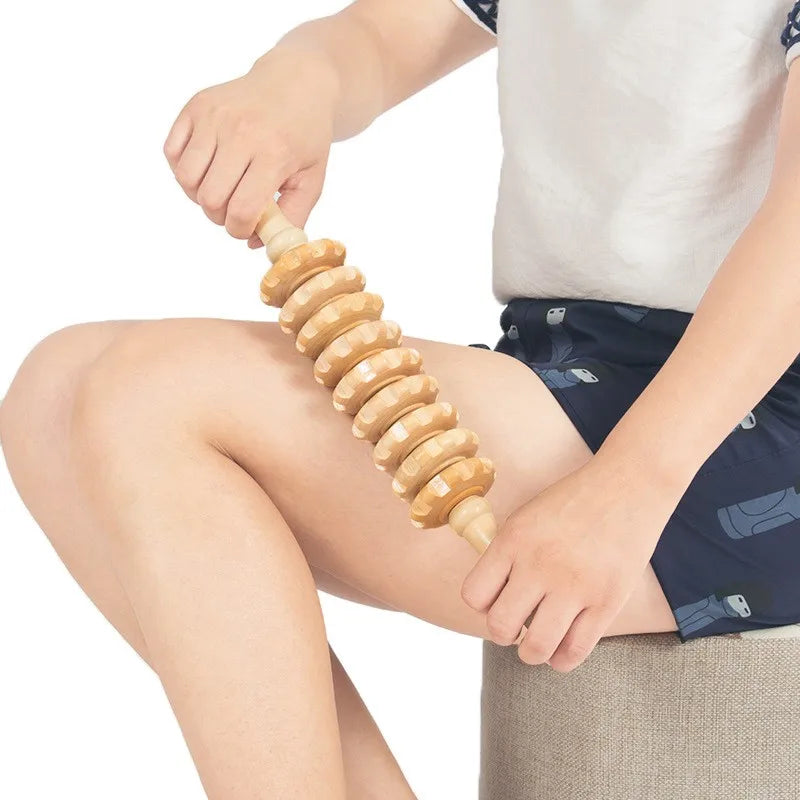Træfascia-massagerulle med 9 roterende ruller og skridsikkert håndtag til fuld kropsafslapning | Lersk