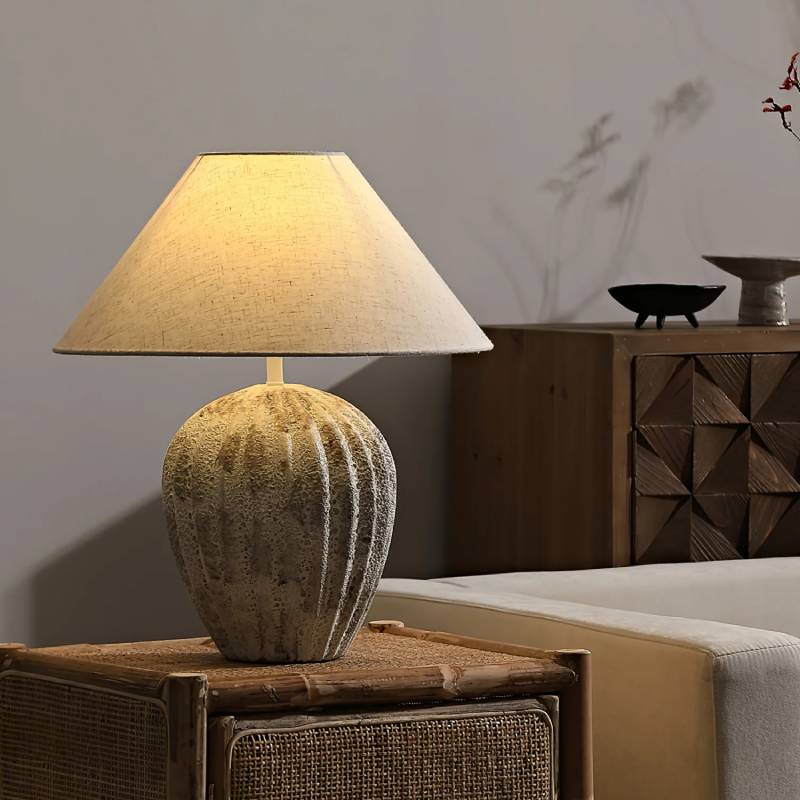 Earthy Ceramic Table Lamp With Linen Shade, Large Bedside Lighting | Lersk