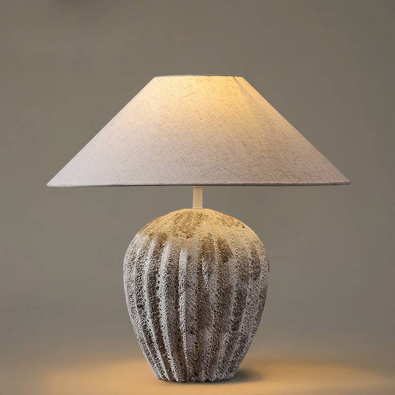 Earthy Ceramic Table Lamp With Linen Shade, Large Bedside Lighting | Lersk