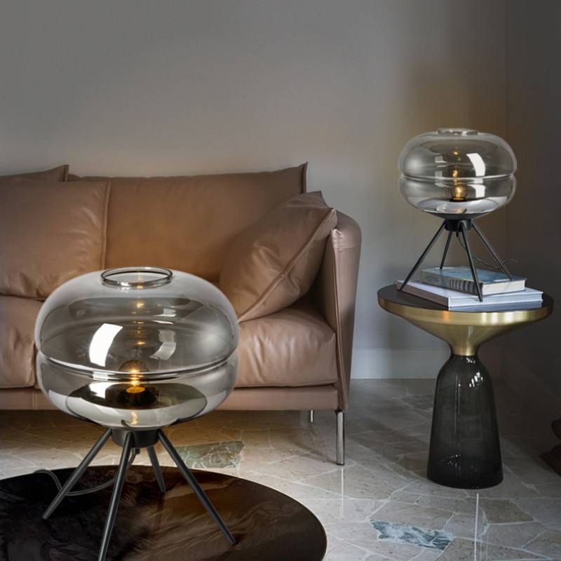 Lyra Smoked Glass Table Lamp With Modern Tripod Design | Lersk