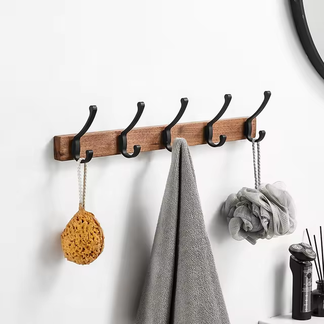 Rustic Wood Wall Hooks with Five Metal Hangers for Entryway | Lersk