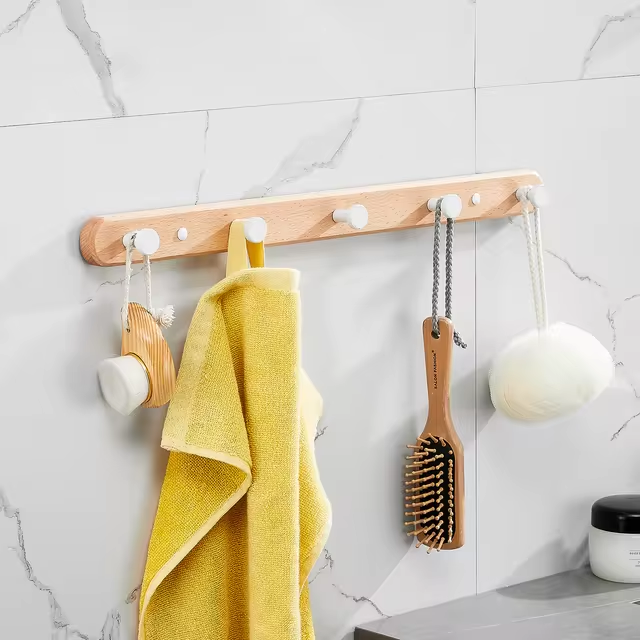 Rustic Wood Wall Hooks with Five Metal Hangers for Entryway | Lersk