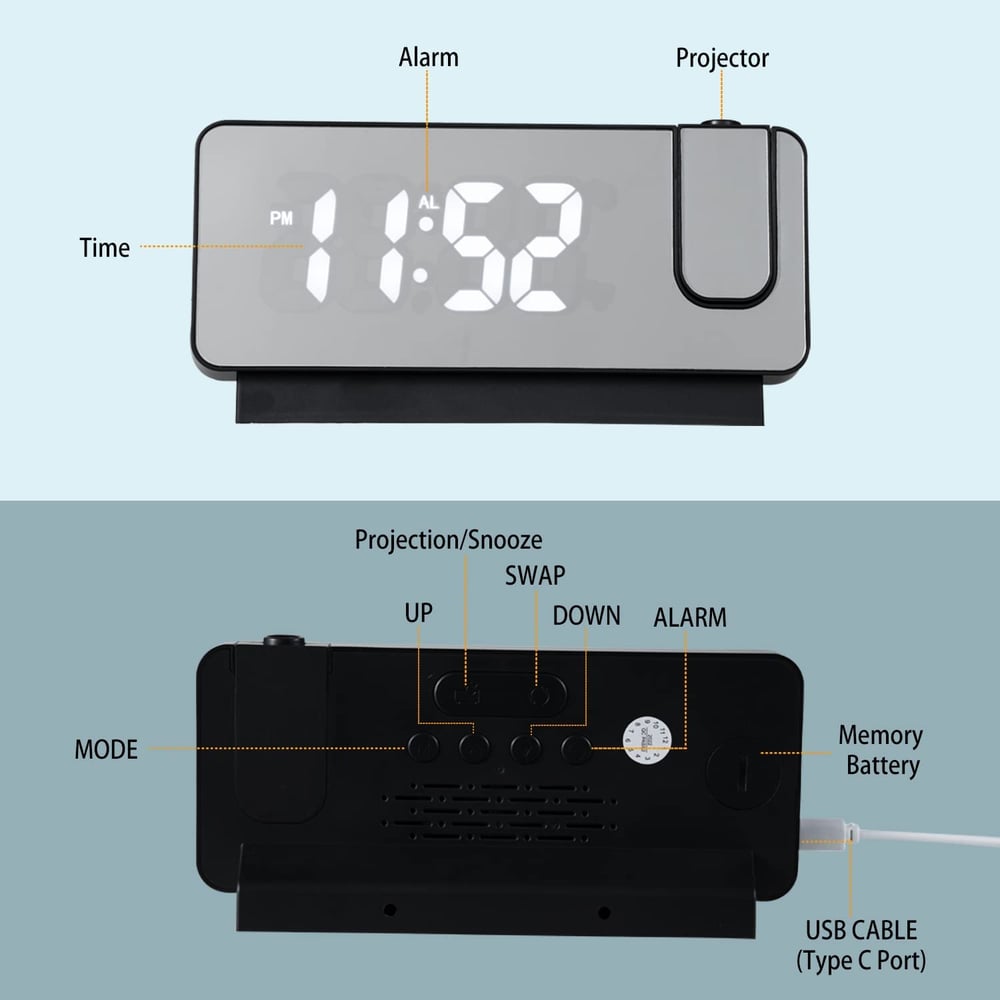 Projektionsvækkeur med LED-spejldisplay, dobbelt alarmer og temperatur, 19 cm | Lersk