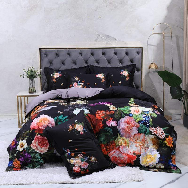 Noctiluxe Schwarzes Bedrucktes Ägyptisches Baumwoll-Bettbezug-Set | Lersk