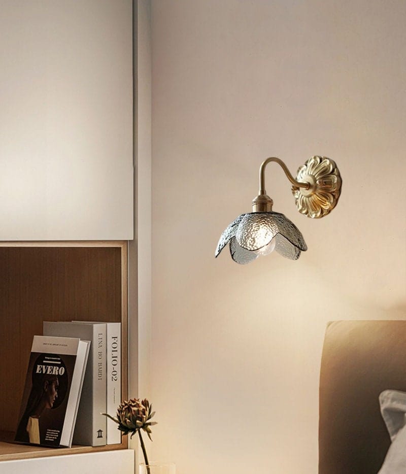 Lyra Lotus Wall Light Seeded Glass Brushed Brass Sconce | Lersk