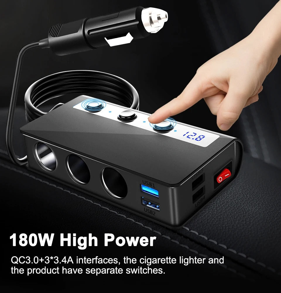 Rychlá nabíječka do auta NovaCharge se čtyřmi porty, USB porty a zásuvkami na zapalovač 180W | Lersk