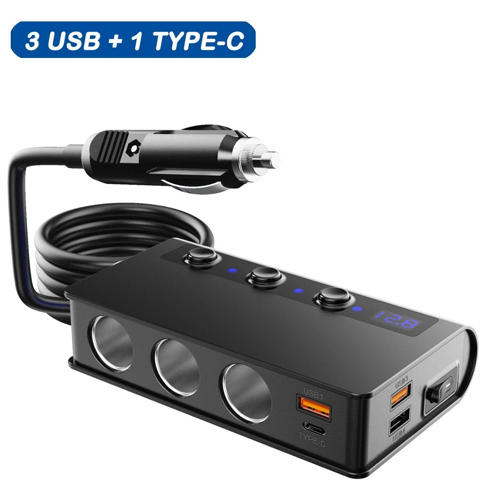 Rychlá nabíječka do auta NovaCharge se čtyřmi porty, USB porty a zásuvkami na zapalovač 180W | Lersk