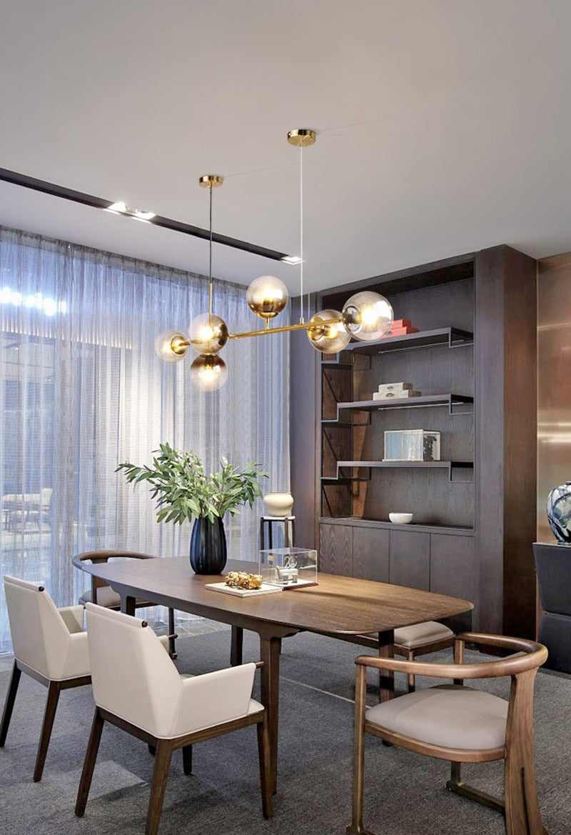 Solara Six-Sphere Amber Glass Pendant Light with Gold Rods | Lersk