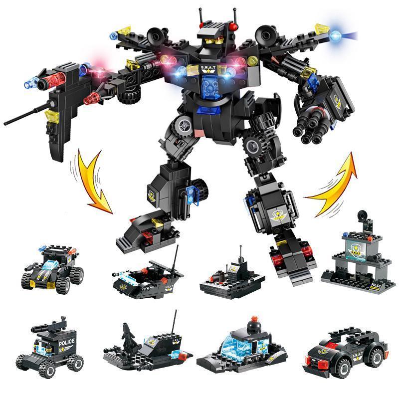 8-in-1-Roboter-Flugzeug-Auto-Stadt-Polizei-SWAT-Baustein-Set für Kinder und Familienspiel | Lersk