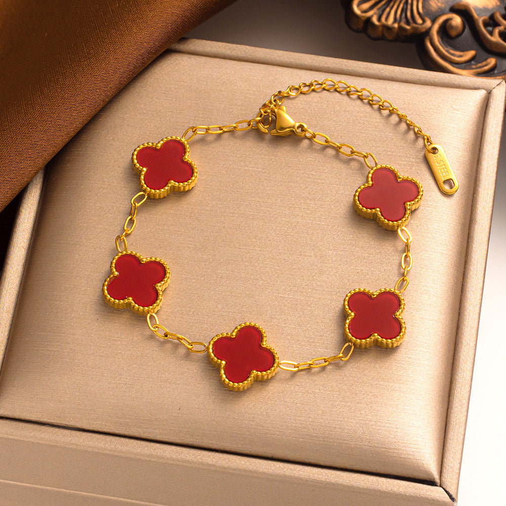 Liora Clover Charm Bracelet Four Floral Charms 14K Gold Plated Stainless Steel