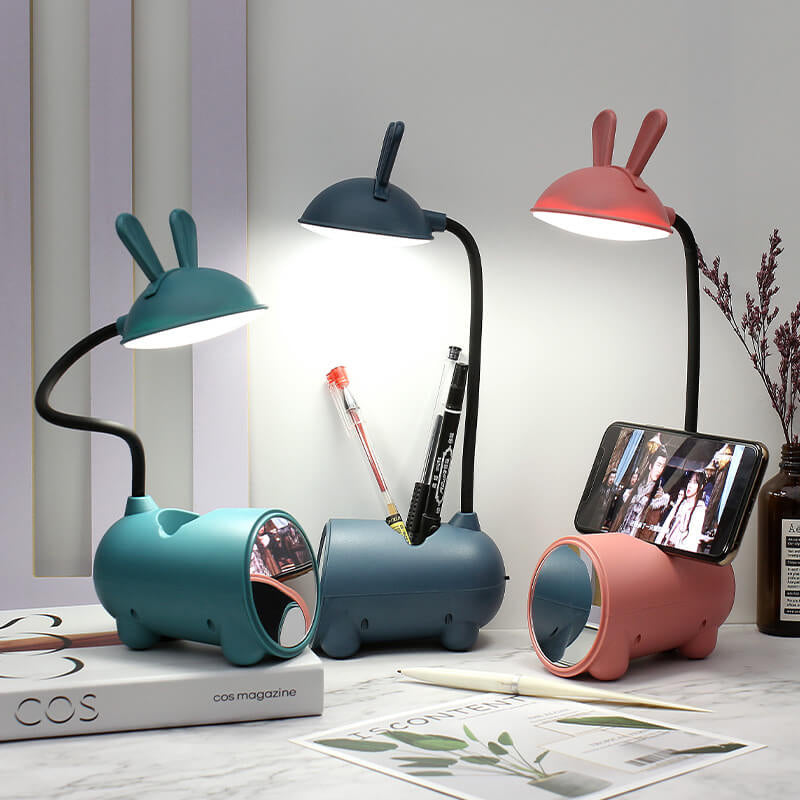 Candeeiro de Secretária LED com Suporte para Canetas USB e Toque Criativo de Coelho Cartoon para Decoração de Casa, Escritório e Quarto | Lersk