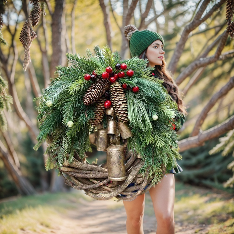 Christmas Wreath Boho Style With Rustic Vine Base Featuring Pinecones And Golden Bells | Lersk