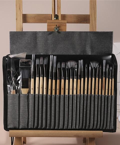 Artistpenselsett, 24 nylonpensler i 7 former med palettkniv, for akryl, olje og akvarell | Lersk