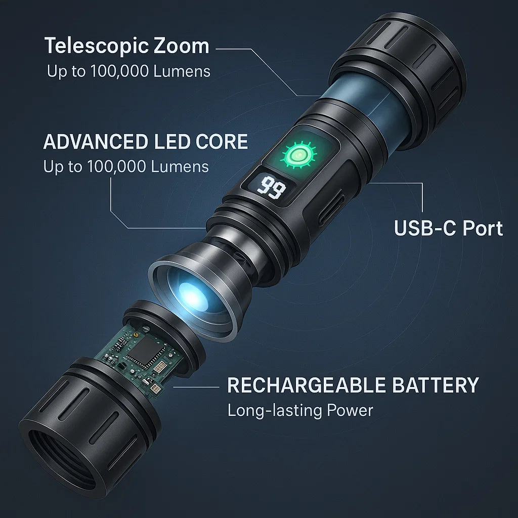 AstraForge Titan 100.000 lumen taktisk lommelygte med 5000mAh batteri | Lersk